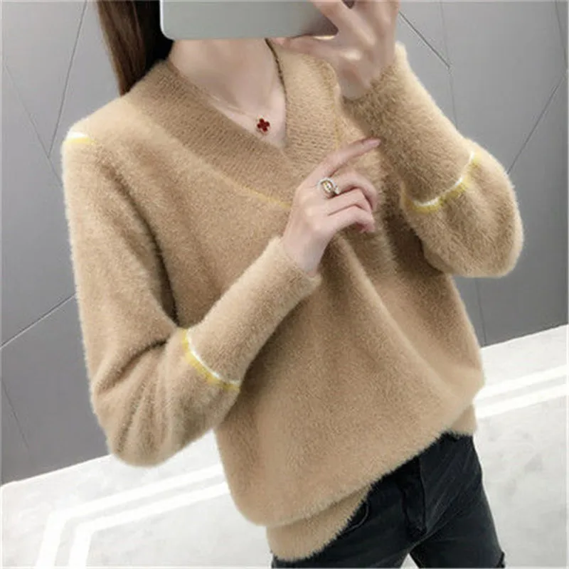 Women Candy Colors Sweaters Fashion Autumn Winter Warm Mohair V-Neck Pullover Long Sleeve Casual Sweater Knitted Tops | Женская одежда