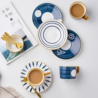 ceramic coffee cup saucer sets blue stripe porcelain afternoon tea milk breakfast juice morning mugs dishes spoon gift 200ml