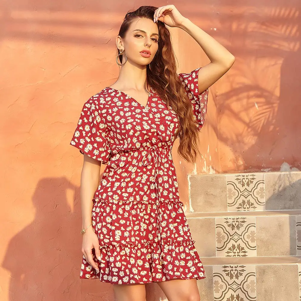 Женское повседневное летнее платье винтажное шифоновое рубашка с цветочным