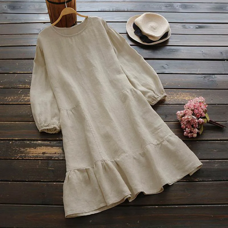 

S-5XL Autumn Cotton Linen Dress 2021 Spring Autumn Casual Loose Long Sleeve O-Neck Ruffle Women Dresses W9228