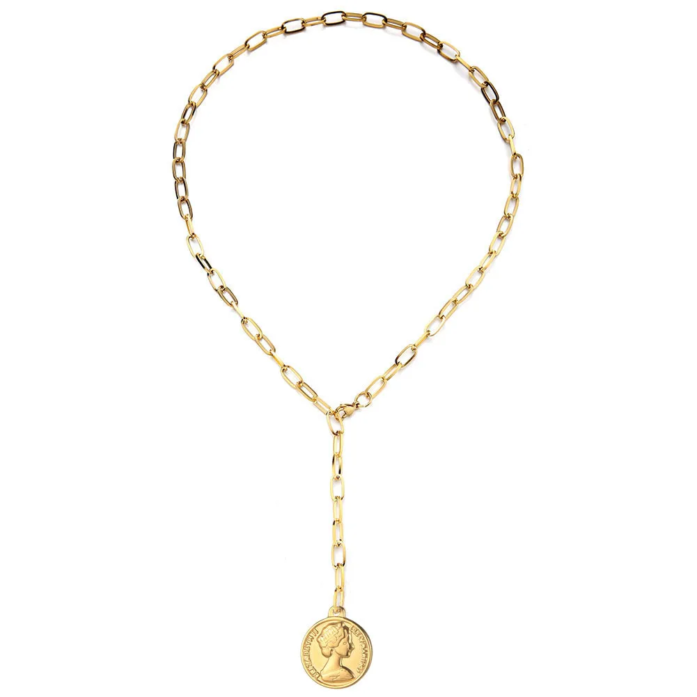 

MinaMaMa Stainless Steel Coin Pendant Necklaces For Women Square Shape Long Chain Y Necklaces Jewelry Gifts