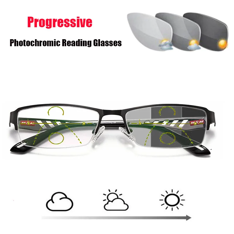 

Progressive Multifocal Glasses Photochromic Reading Glasses Flexible Temple Legs High Quality Half Frame Reading Glasses