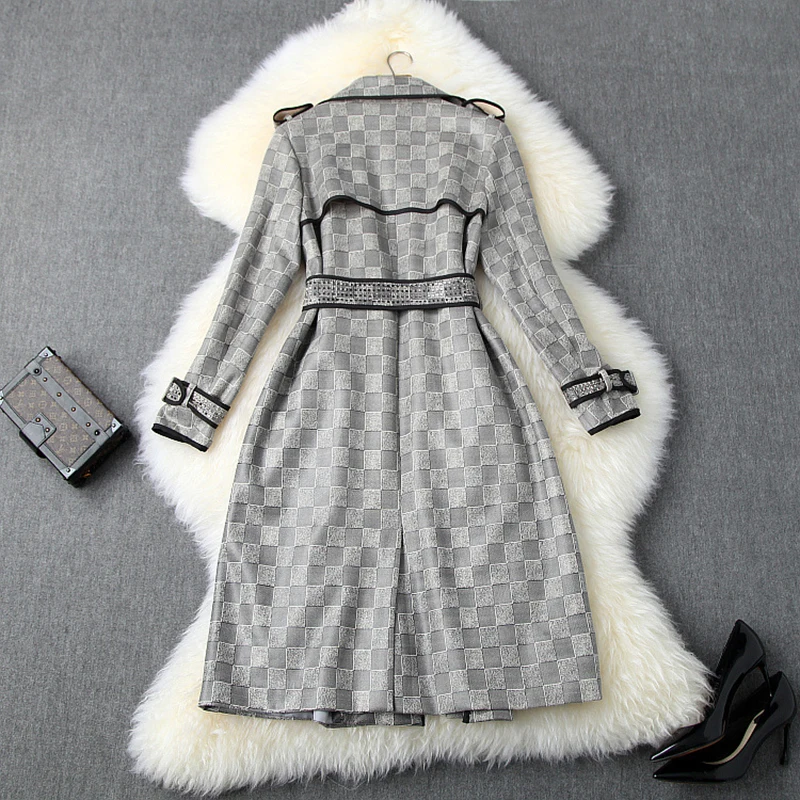 

Women autumn winter long trench coat new 2019 vintage fashion diamonds beading sashes slim plaid suede windbreaker gray