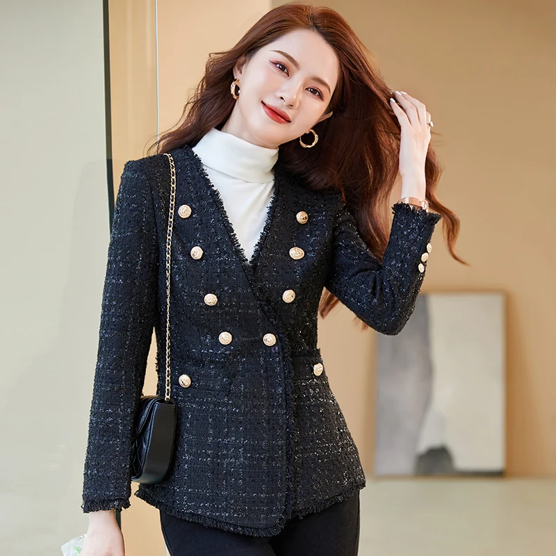 Women's jacket V-neck Slim Plaid Coat OL Styles Autumn Winter Blazers for Women Business Work Blaser Outwear Tops Plus Size 4XL