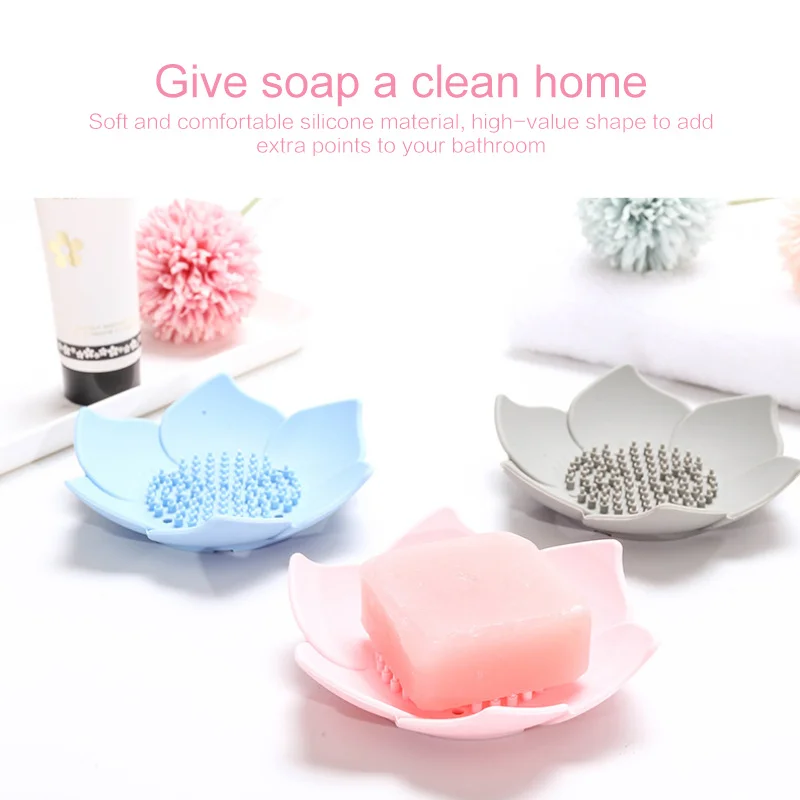 

Flexible Silicone Plates Lotus Flower Shower Bath Tray Soap Box Soap Dish Storage Drain Soap Holder Soap Saver Bathroom Gadgets