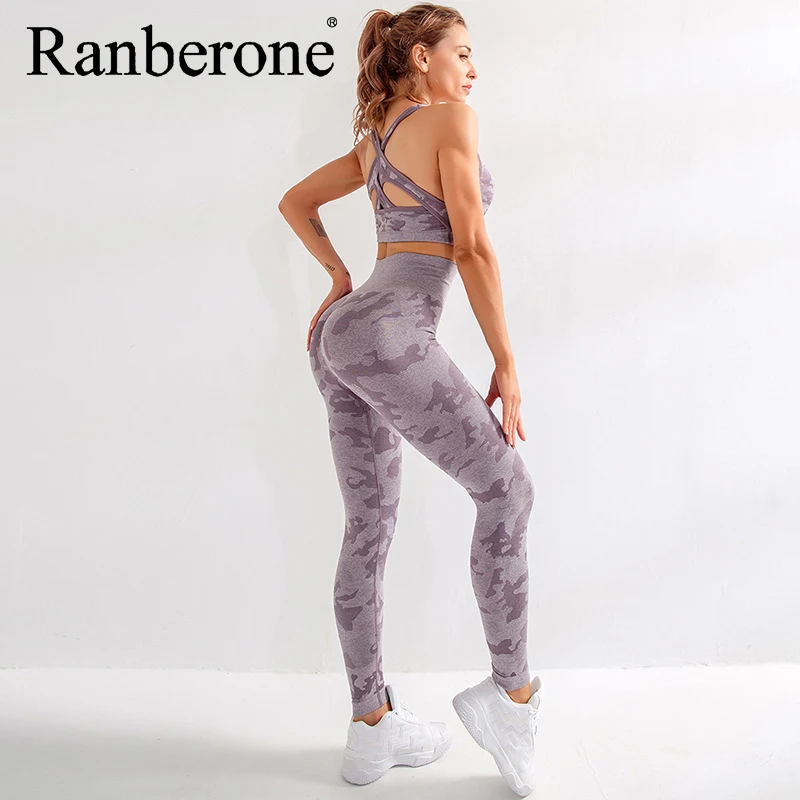 Ranberone Yoga Sets Women Gym Clothes Camouflage Sports Bra Set High Stretch Slim Leggings Sports Wear Suit Women's Tracksuit