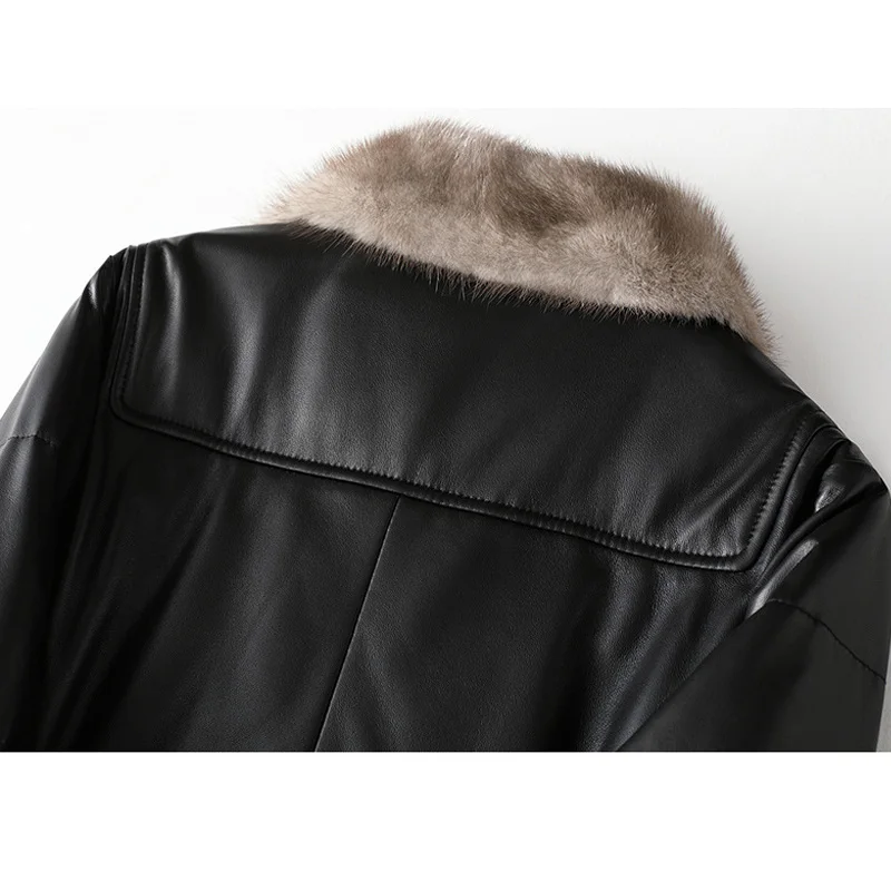 

High Quality Black Autumn and Winter Mink Fur Collar Long Sheepskin Fur Down Coat Sheep Skin 80% White Duck Down Office Jacket