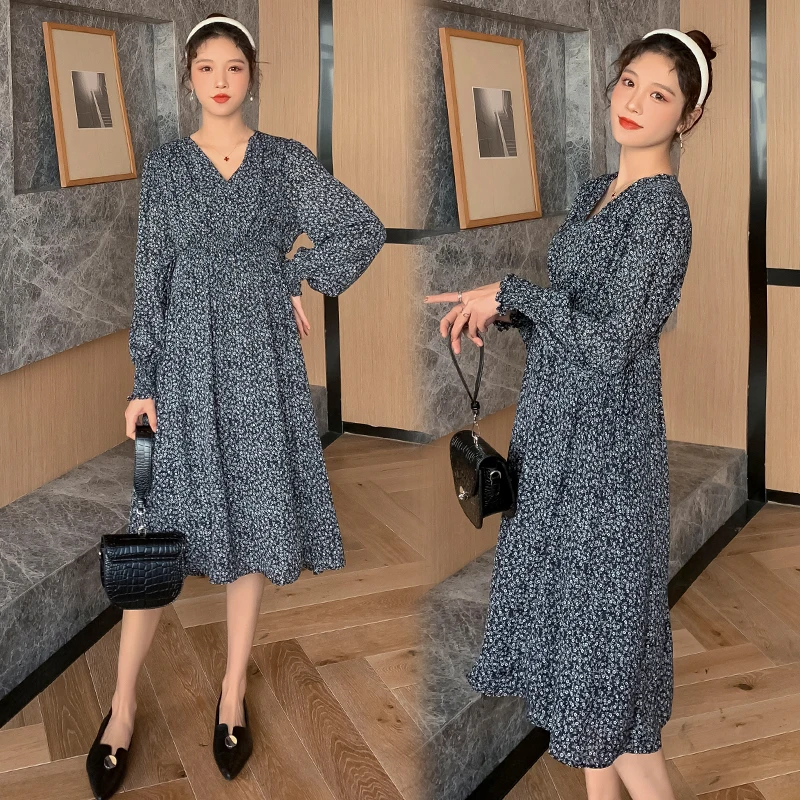 

Осень-весна 6810 # корейское Модное Длинное платье с цветочным принтом для беременных с V-образным вырезом тонкая талия трапециевидная Одежда ...