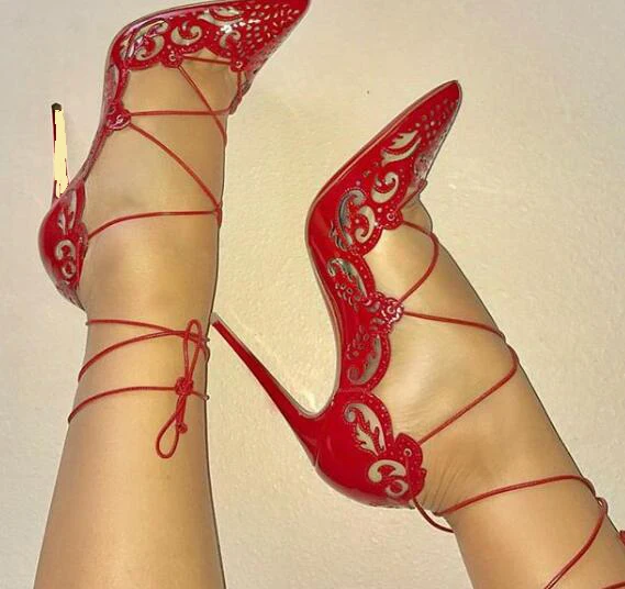 

Moraima Snc Red Laser Cut Lace Up Shoes Sexy Pointed Toe 12cm Thin Heels Woman Pumps Cutouts High Heel Shoe White