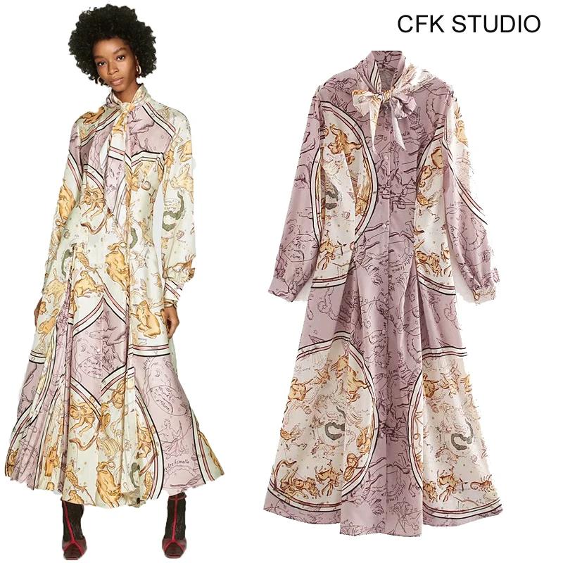 women mididress autumn casual long sleeve shirtdress 2019 new bow collar chain floral printed elegant loose chiffon Женская одежда