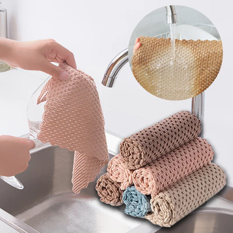 

Kitchen Anti-grease Wiping Rags Almond Wool Fish Scales Double-sided Super Absorbent Cleaning Towel Washing Dish Cleaning Towel