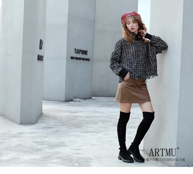 Artmu Original Women Boots Over-the-knee Butterfly Thick Bottom Elastic Boots Thin Boots Handmade High Boots New Black 9013