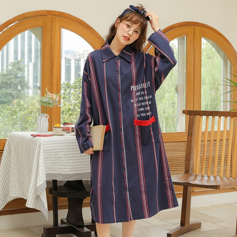 

Women's Nightdress Autumn Women's Nightdress Plaid Kawaii Nightgowns Long-sleeved Nightdress Brushed Cotton Fresh and Simple
