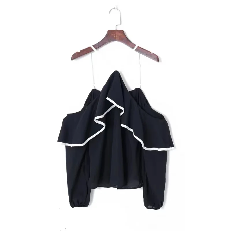 

2021 spring women's fashion Korean sexy off shoulder sweet Ruffle Quarter Sleeve loose short suspender shirt