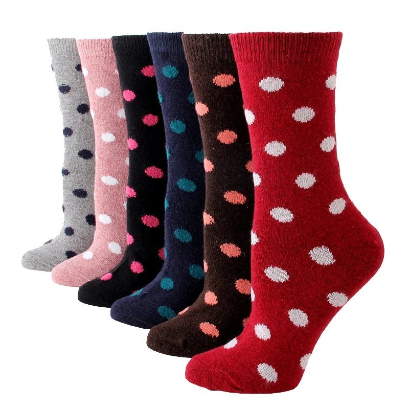 Winter Women Thick Warm Retro Striped Dots Patterns Fashion Wool Casual Socks 6 Pair