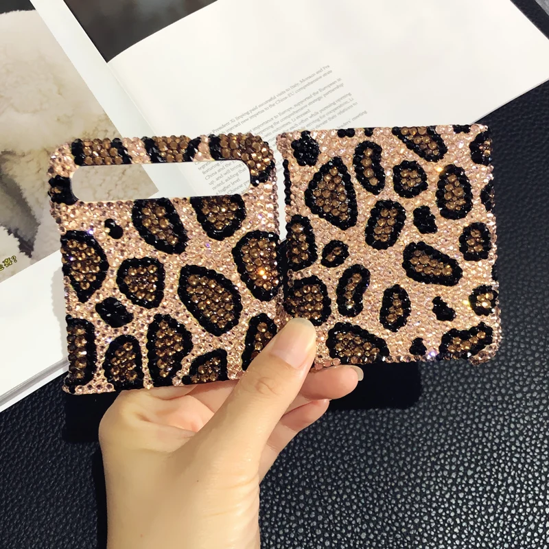 

Super Luxury Fashion DIY Full Bling Gold Crystal Diamond Leopard Print Case Cover For Samsung Galaxy Z Flip 5G 3 Z Fold 2 3 W21