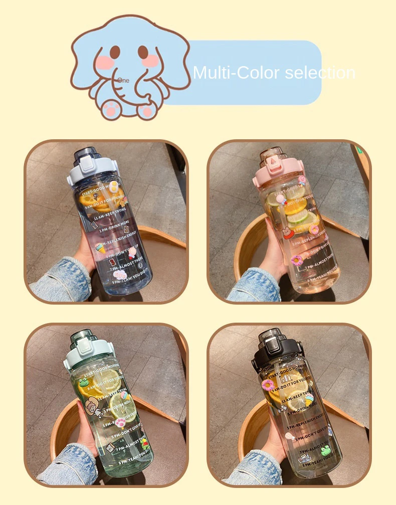 

2L Sports Straw Water Bottle Large Capacity Fitness Bike Cup Summer Cold Water Plastic Cups With Time Scale Portable Reusable