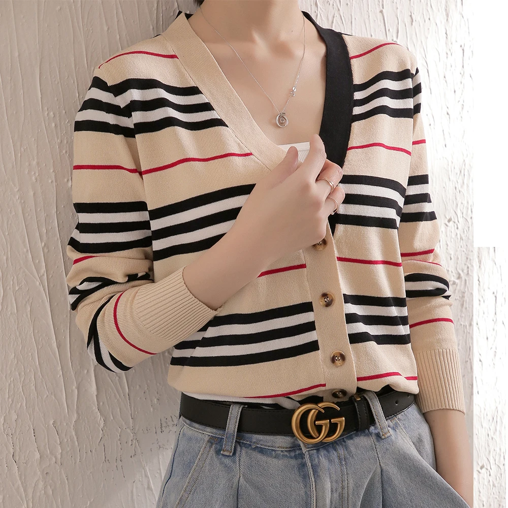 

xnwmnz Women 2021 Autumn Fresh Striped Long Sleeve Shirt Knitted Cardigan Tops Sweater clothes femme traf vlentton топик женский