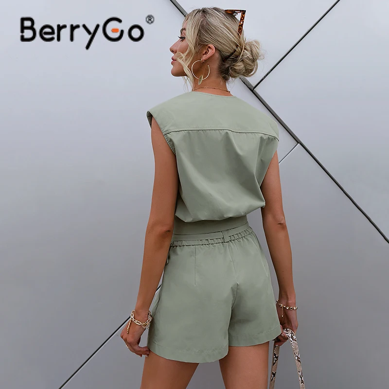 

BerryGo High street lapel romper women summer Sleeveless belt fashion solid casual rompers Spring short playsuit streetwear