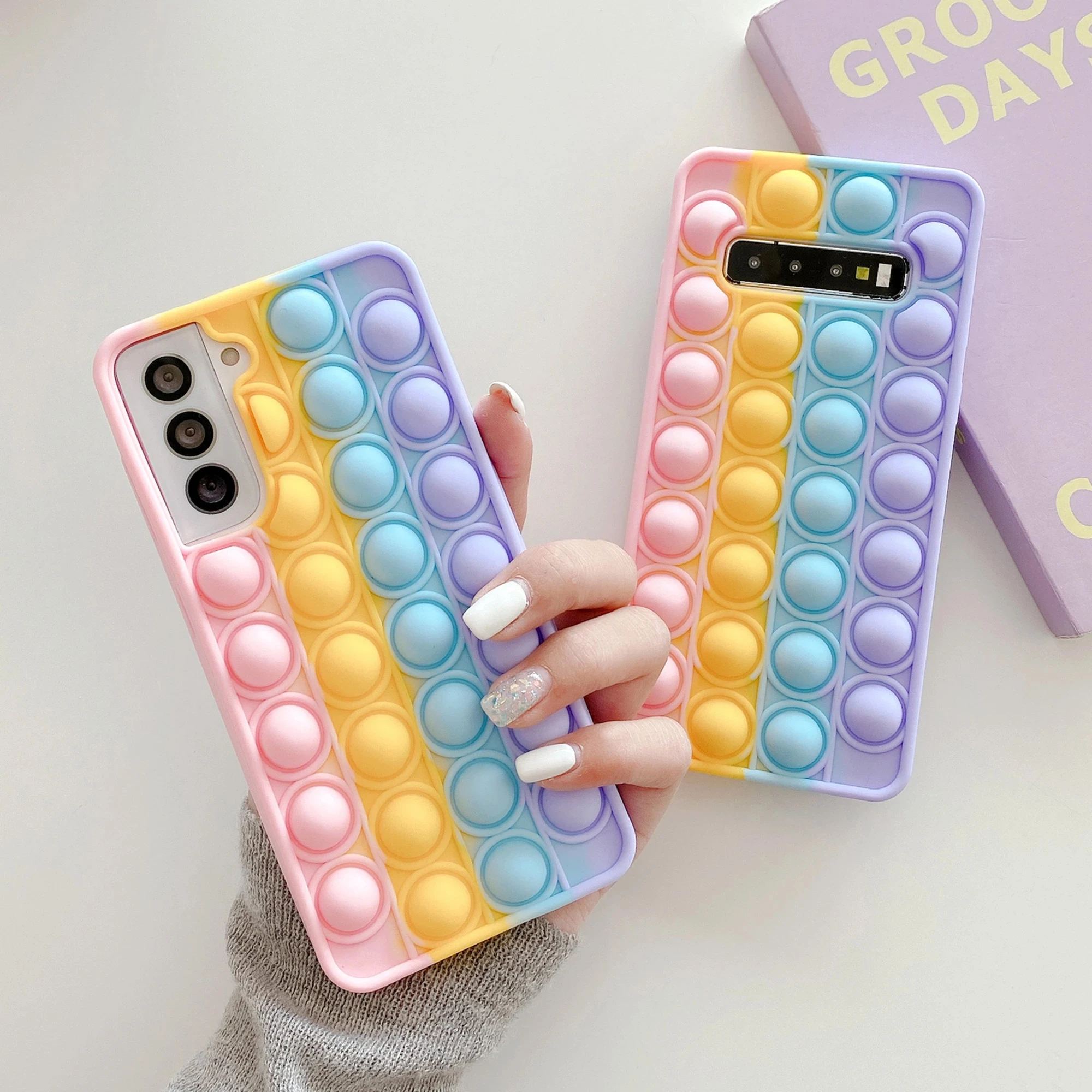

Bubble Fidget Toy Phone Case 3D Soft Silicone Rainbow Case Release Stress Full Body Protection Shockproof Cover for Girls Childr
