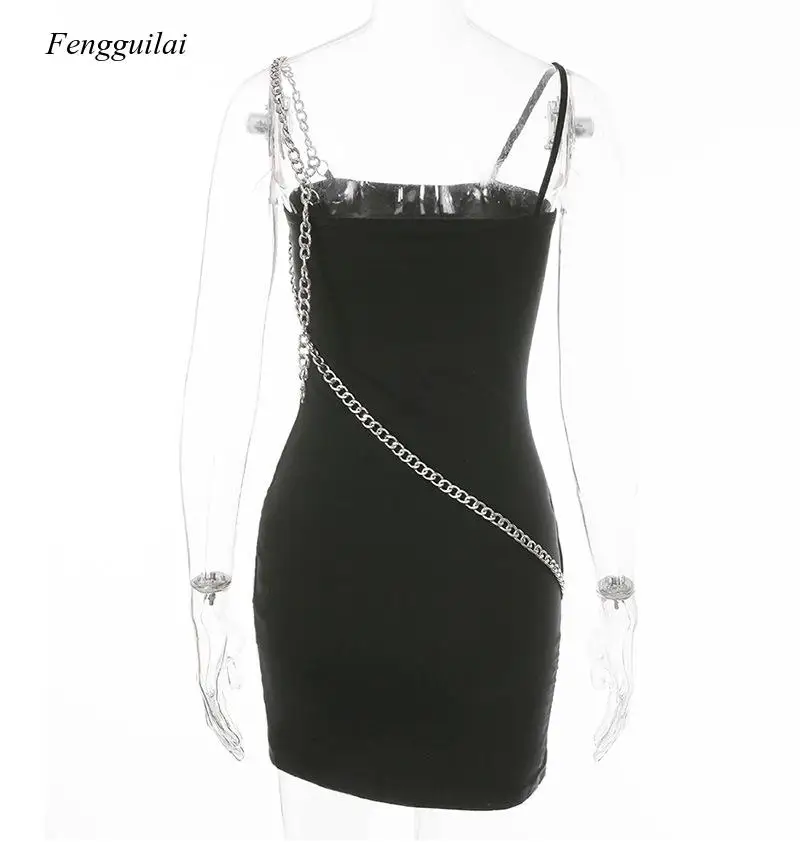 

2021 New Design Short Skirt Black High Waist Sexy Street Night Club Party Wear Thin Chain Sling Dress