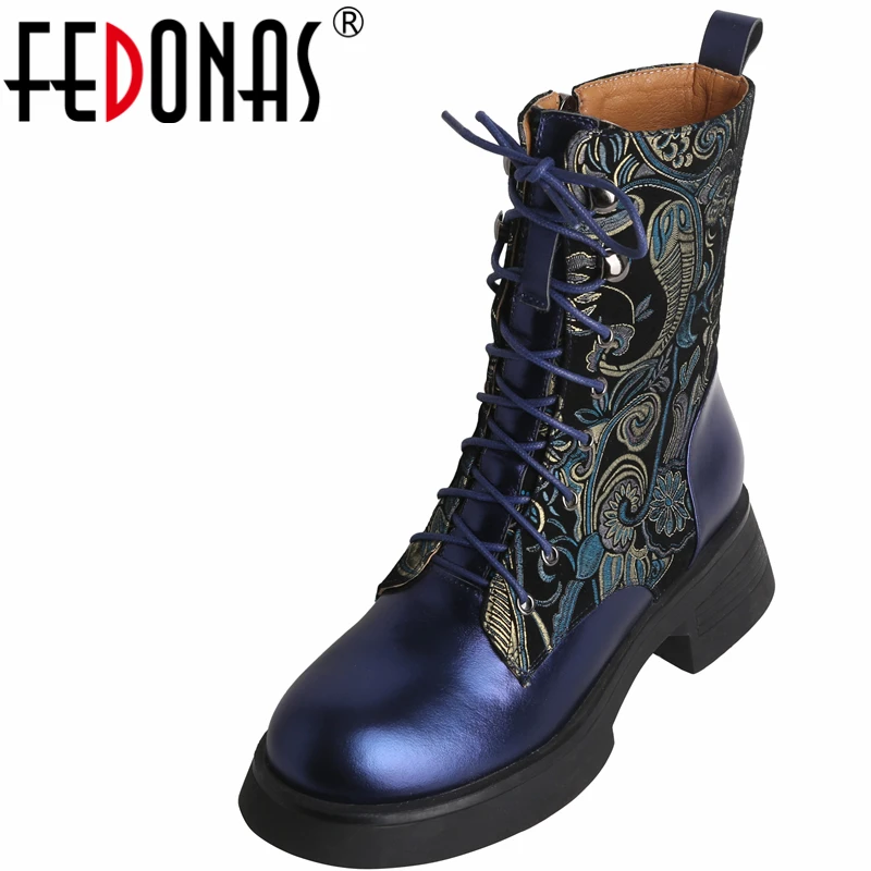 

FEDONAS Print Popular Women Ankle Boots Genuine Leather Cross-Tied Thick Heels Casual Leisure Shoes Woman 2021 Autumn Winter New