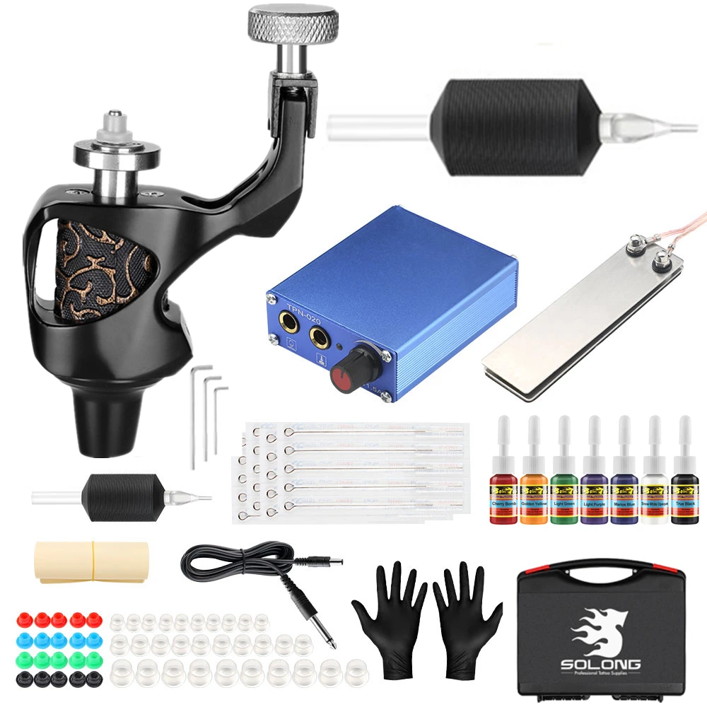 Boluyin 2021 New Complete Professional Tattoo Machine Kit Sets 1 Rotary Machines for Body Art 5 Color Inks MK648 Power Supply