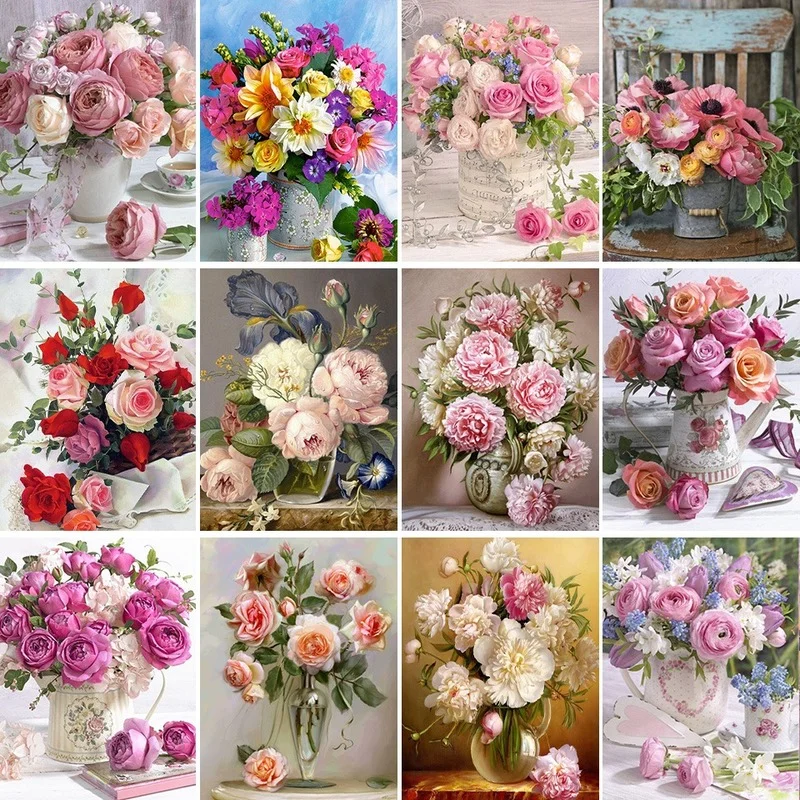 

5D DIY Diamond Painting Set Rose Vase Cross Stitch Kit Embroidery Diamond Mosaic Flower Picture of Rhinestones Home Decoration
