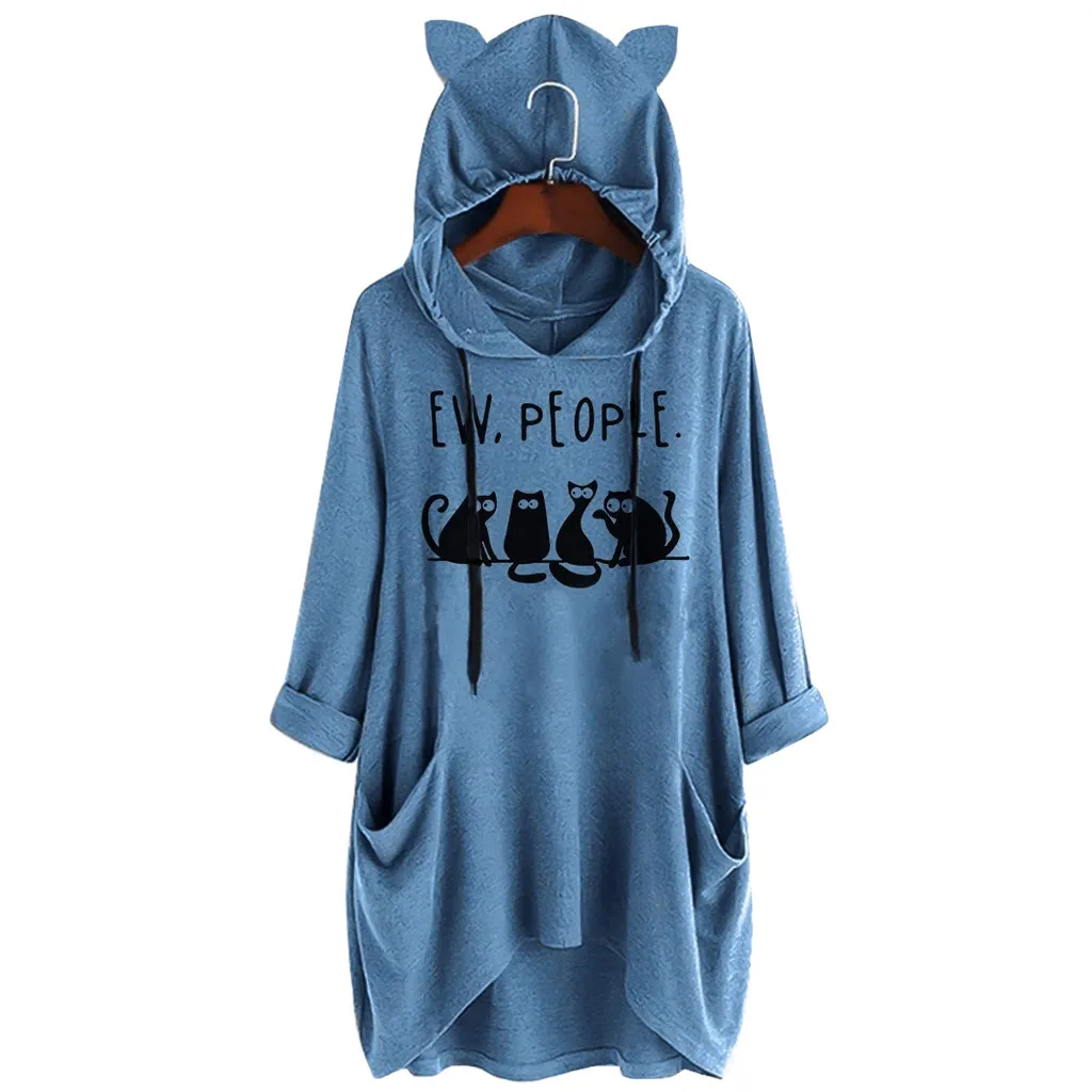 Plus Size Women Hoodies kawaii Cat Ears Hooded Sweatshirt Casual Loose With Pockets Hoody Pullover Long Sleeve Printed Sudadera