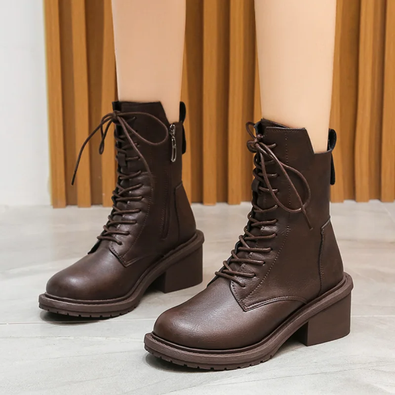 

Women Boots 2021 Fashion Warm Women Shoes Chunky High Heels Motorcycle Boots Round Toe Wild Woman Ankle Boot Casual Shoes