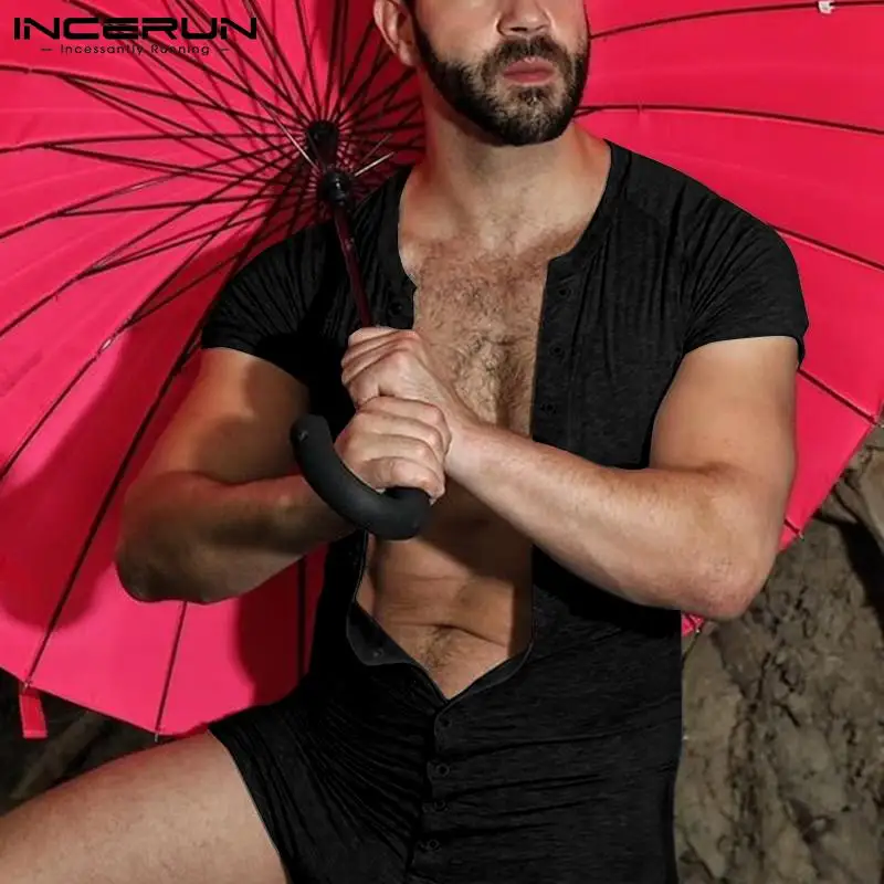 INCERUN New Men's Fashion Casual Loungewear All-match Onesies Sexy Leisure Stretch Loose Buttons Soldi Color Jumpsuit S-5XL 2023
