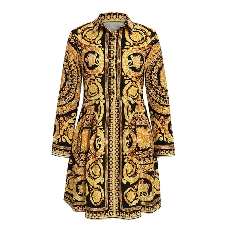 

2021 spring new style European and American women's shirt collar long sleeve printing sexy party banquet dress short