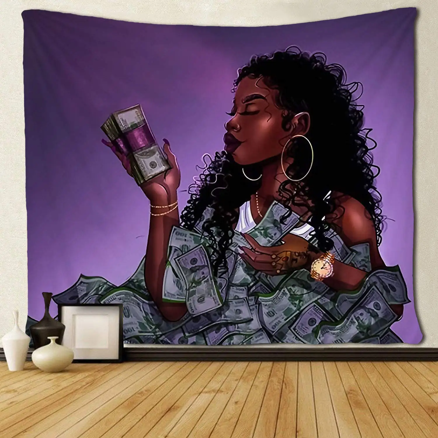 Black Art Tapestry Afro African Ameircan Women Girl Love Us Dollor Money Wall Hanging