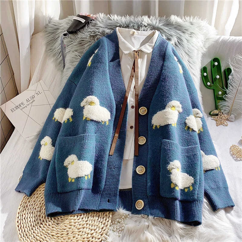 2021 Autumn Winter Knitted Sweater Coat Korean Style Cute Cartoon Print V Neck Women Jacket New All-match Warm Cardigan Sweaters