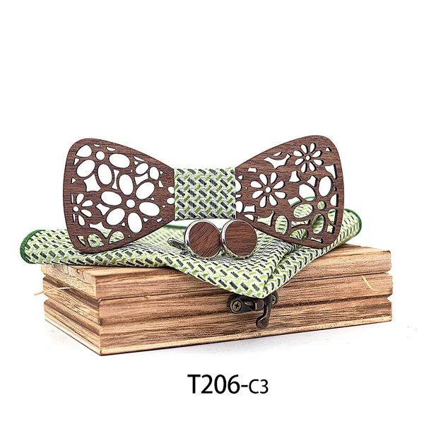 

Sitonjwly Wooden Bowtie Pocket Square Cufflinks Set Wedding Suit Handkerchief Wood Hollow Out Bow Tie Tuxedo Vestidos Cravat