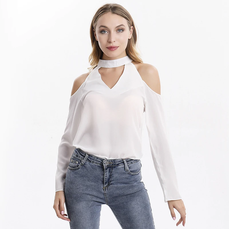 Осень Для женщин без бретелек шифоновое топы сексуальные с длинным рукавом