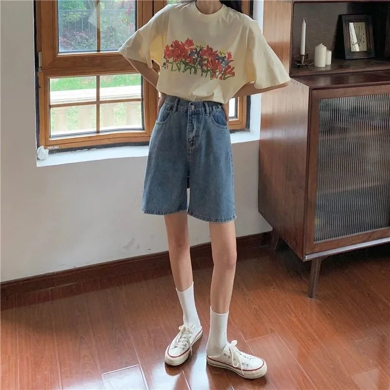 

Denim Shorts Women's Summer 2021 New Straight Tube High Waist Wide Leg Student's Loose and Slim Pants