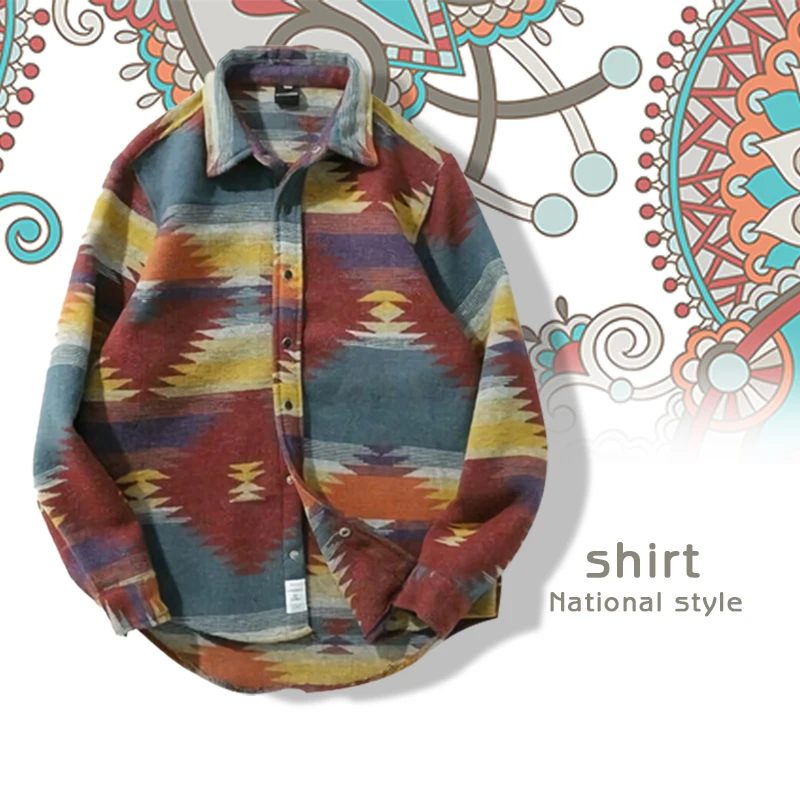 Harajuku Hip Hop Shirts Geometric Graphic Long Sleeve Shirts Men National Style Shirt Autumn Streetwear Cotton Tops Tees