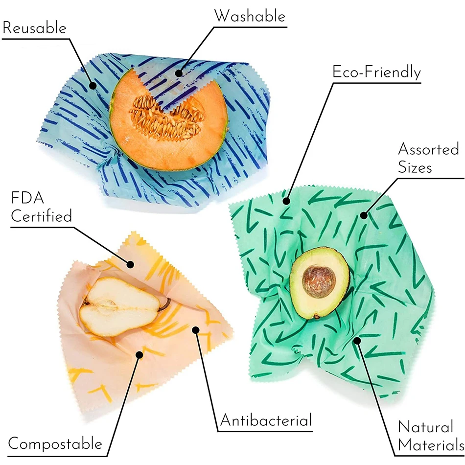 

Sustainable and Reusable Beeswax Food Wraps with Jojoba Oil , Lunch Pack Eco Friendly Food Storage Kitchen Organizer