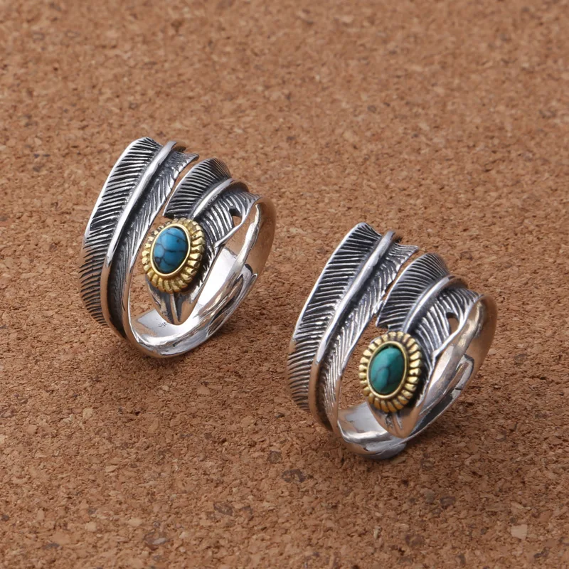 

S925 Sterling Silver Ring Thai Silver Fashion Retro Eagle Series Men and Women Turquoise Feather Open Male and Female Jewelry