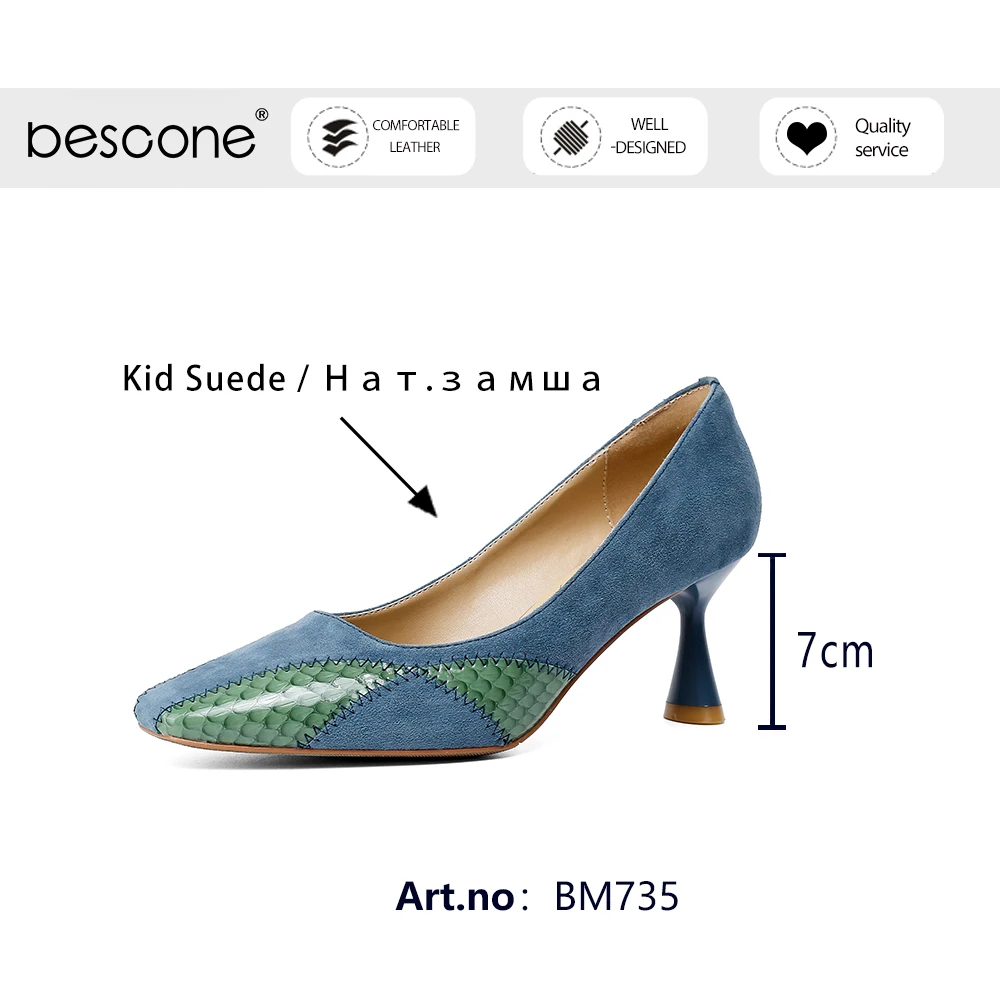 

Bescone Mature Style Blue Novelty Pattern Pumps Woman Shallow Genuine Leather Office Lady Elegant High Thin Heel Shoe BM735