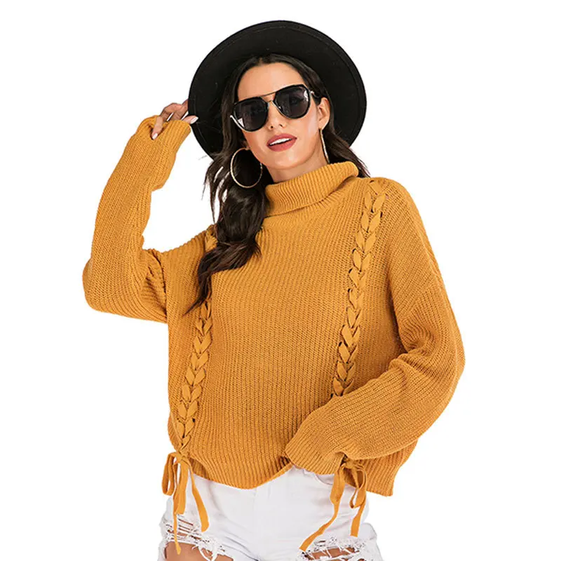 Женский вязаный свитер Lucyever однотонный желтый с высоким воротом Повседневный