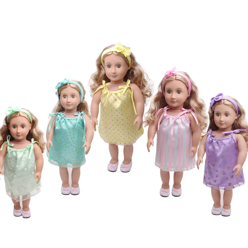 

18 Inch American Doll Girls Printed nightdress slip dress+bow headband Newborn Baby Toys Accessories Fit 40-43 Cm Boy Dolls c360