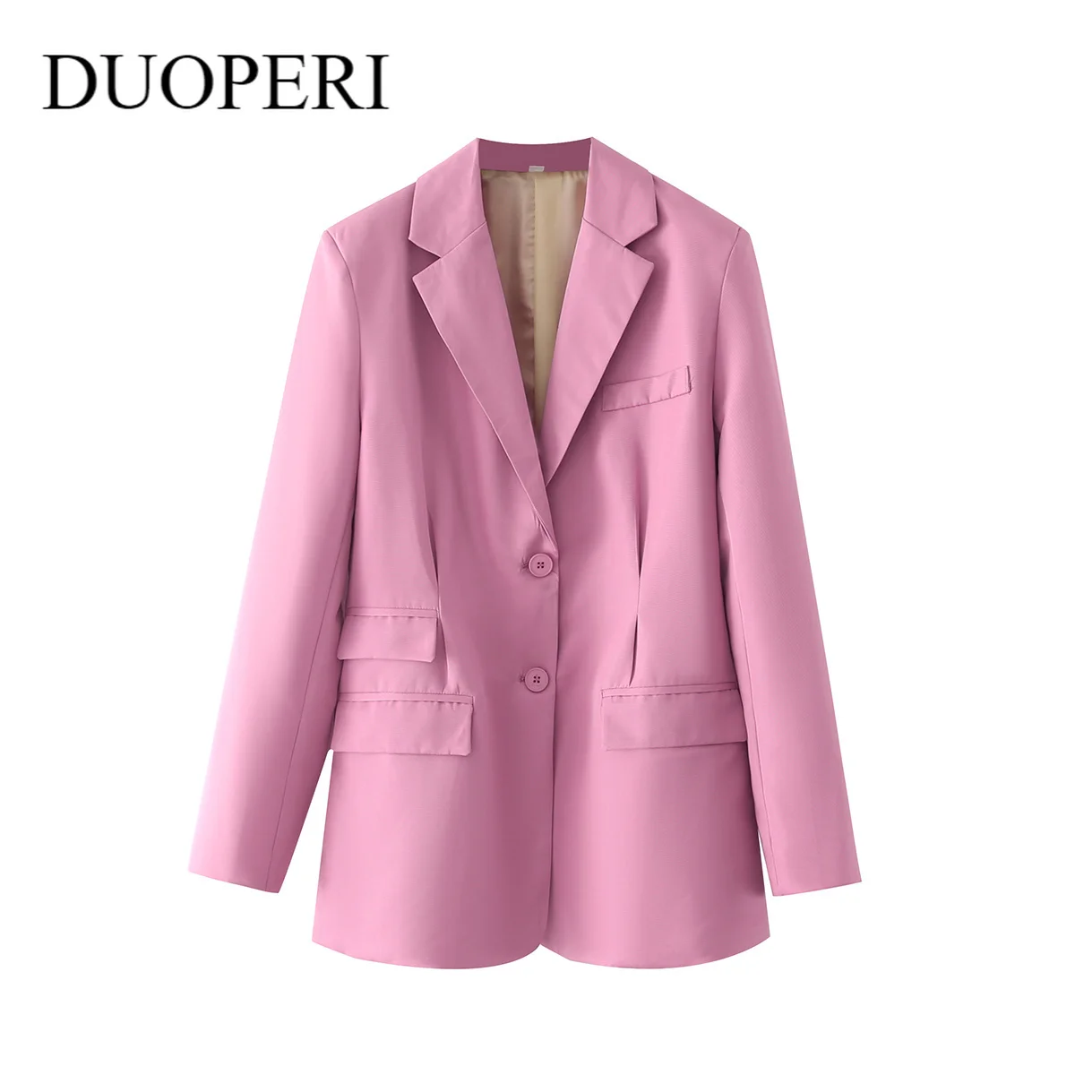 

DUOPERI Women Fashion Single Breasted Solid Blazer Vintage Long Sleeves Notched Neck Female Suit veste femme