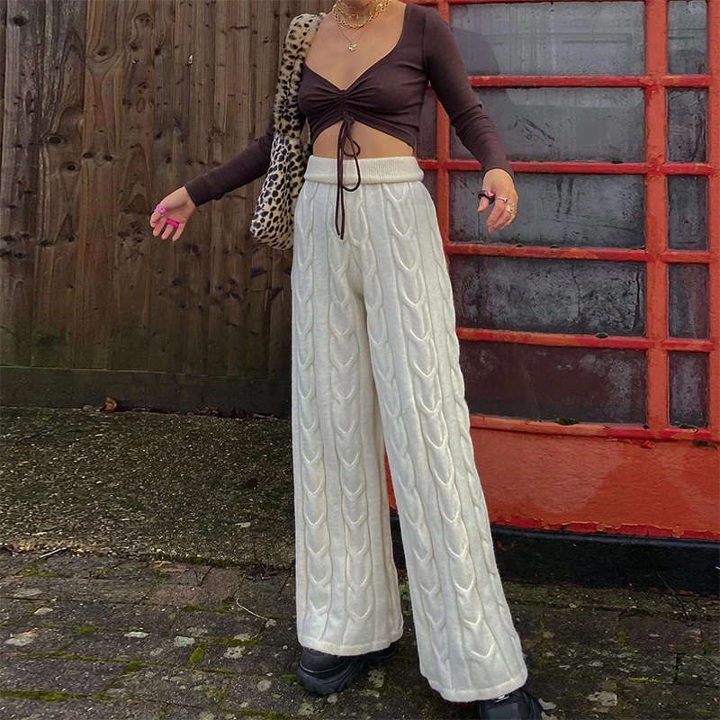 

Брюки женские трикотажные с завышенной талией, модные повседневные свободные элегантные Джоггеры в стиле ретро, уличная одежда с широкими ...