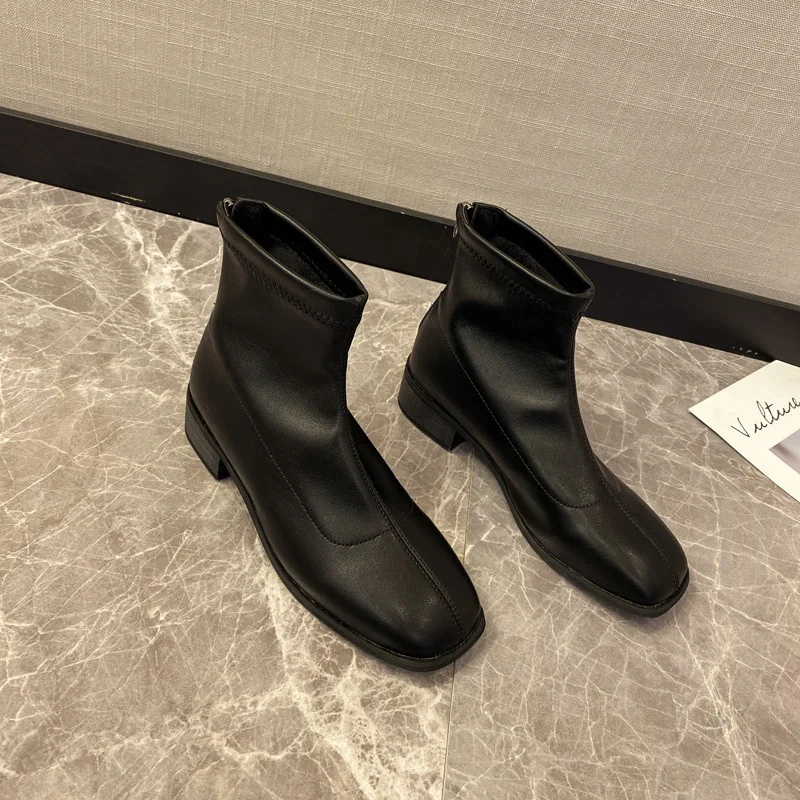 

New Fashion Women Boots Female Zipper Square Heels Solid Leather Boots Women Shoes Woman Sewing Autumn Spring Boots Ladies Shoes