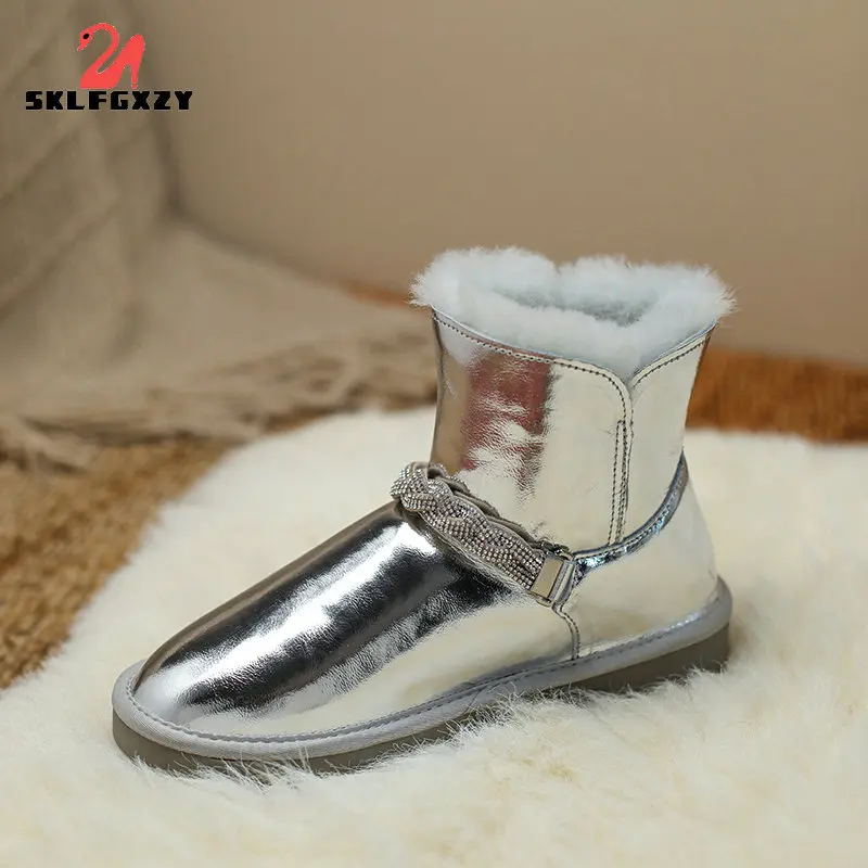 

Winter Hot Sale Fur Snow Boots Women 100% Natural Wool Waterproof Genuine Leather Ankle Diamond Warm Shoes Outdoor Boots