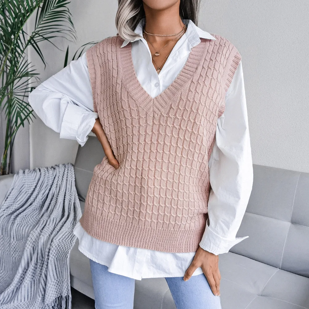 

2021 Women Knitted Sweater Sleeveless Women Loose Sweater Vest Ladies V-Neck Pullover Tops Waistcoat Female Coats Dropshipping