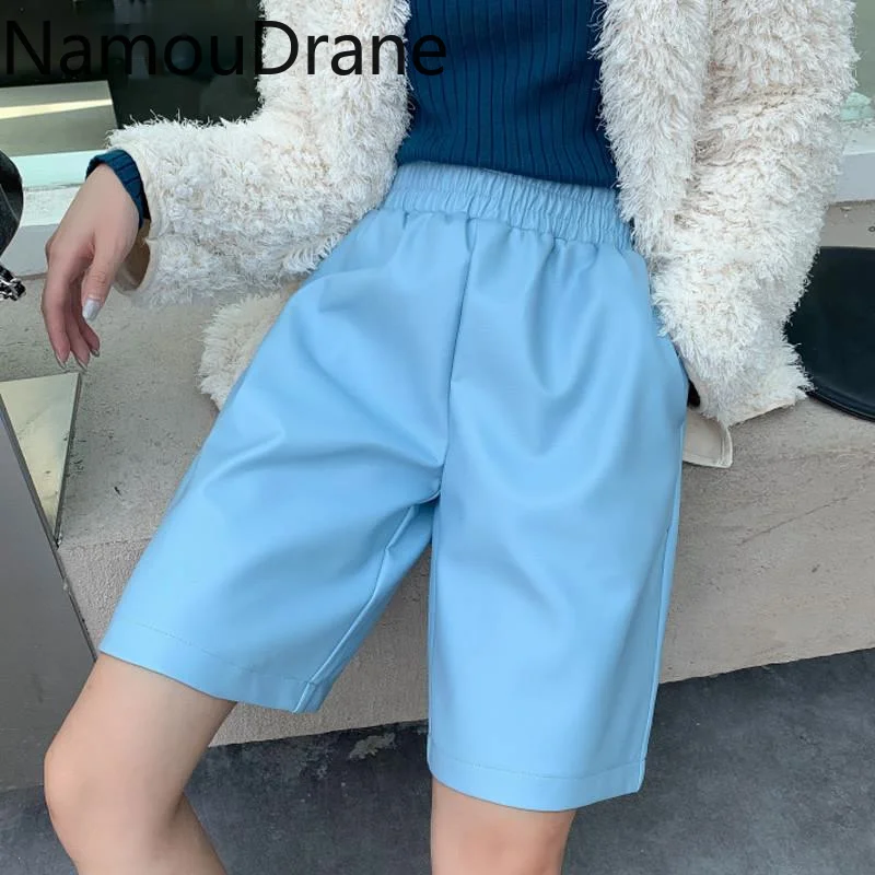 

Autumn PU Leather Shorts Women's Casual High Waist Slimming Cropped Trousers Korean Outerwear Loose Straight Shorts
