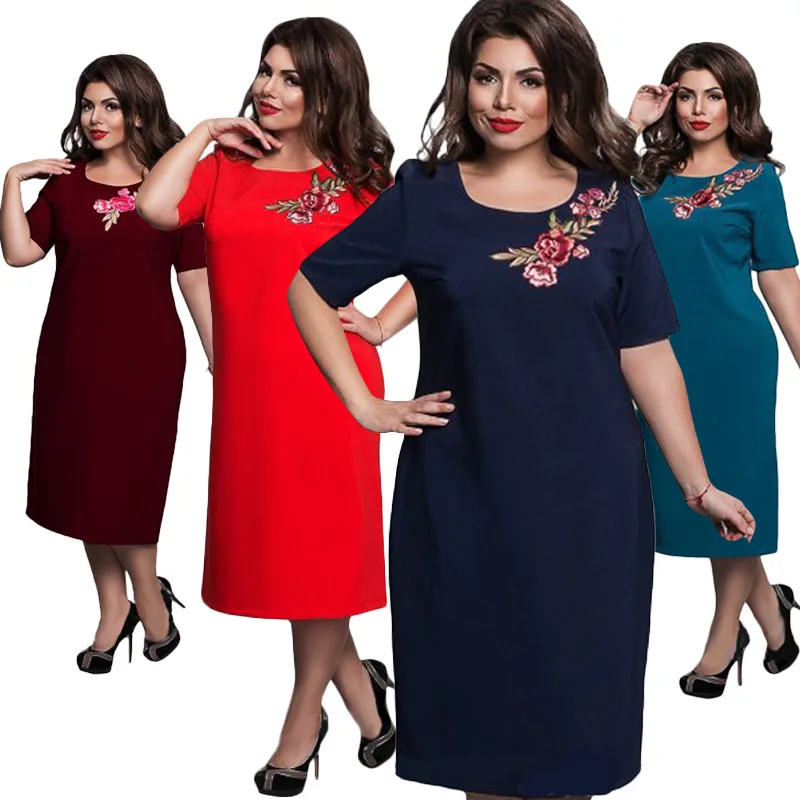 Office Lady Big Size Dress Fashion Summer Embroidery Flower Midi Dresses Women's Plus Elegant Straight Large 6XL | Женская одежда